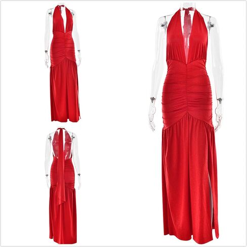 Women's Sexy Sparkly Halter Deep V Neck Dress High Split Backless Cocktail Party Dresses Evening Gown in Saudi Arabia