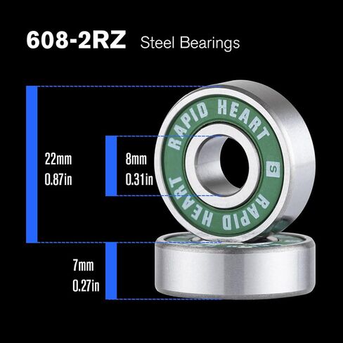 Rapid Heart 8 Pack 608 2RS Precision Steel Green Bearings. 30+ Second Spin Test. for Skateboards, Longboards, Inline & Roller Skates. Premium Quality, Affordable Price,High-Performance Alternative. in Saudi Arabia