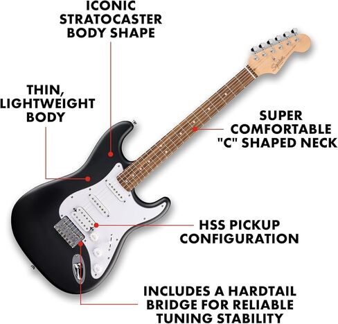 Fender Squier لاول مرة سلسلة Stratocaster HT HSS الكهربائية ، الغيتار المبتدئين ، ضمان لمدة عامين ، يشمل دروس مجانية ، أسود مع ساتان يوريتان إنهاء in Kuwait