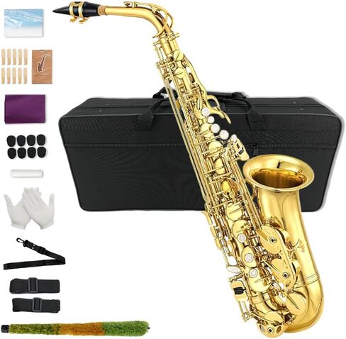 Yinfente Eb Alto Saxophone For Beginners Adult,Saxophone Student,E Flat Alto Sax Full Kit With Reeds,Pads Cushions,Hard Carrying Case,Cleaning Cloth & Rod,Mouthpiece,Gloves,Neck Strap Gold in Saudi Arabia