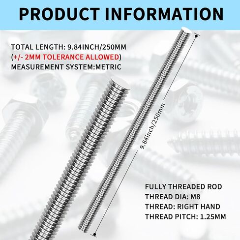 5 Pcs M6-1.0 Fully Threaded Rods 304 Stainless Steel Threads Studs Rods Long Threaded Screw Right Hand Threads, 250mm Length in Saudi Arabia
