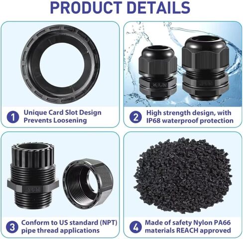 5 PCS 3/8 "IP68 إجهاد الإغاثة من نايلون سلك المقبض المائي NPT غدد قابلة للتعديل ul for و ROHS متوافق (أسود) in Kuwait