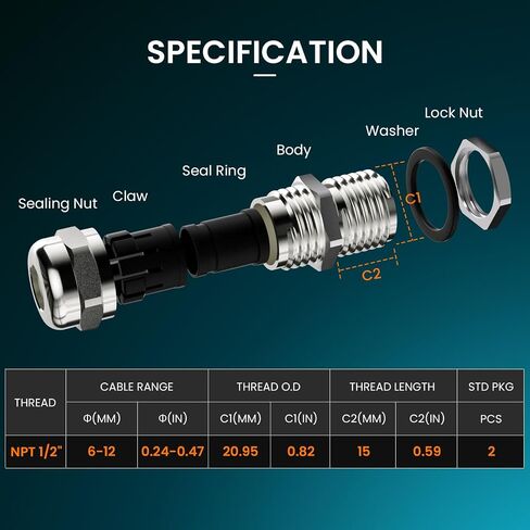 Qilipsu 2pcs 1/2 "NPT 304 الصلب المقاوم للصدأ الكابل الغدة الطويل خيط مضاد للماء IP68 in Kuwait