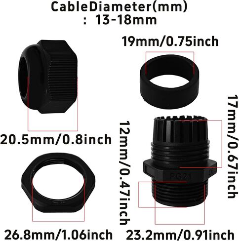 5Pcs PG21 Waterproof IP68 Nylon Cable Gland Connectors, Adjustable Locknut Protectors for 13-18mm Cables, Black Nylon Grommet Joints for Power Cables and Outdoor Use in Saudi Arabia