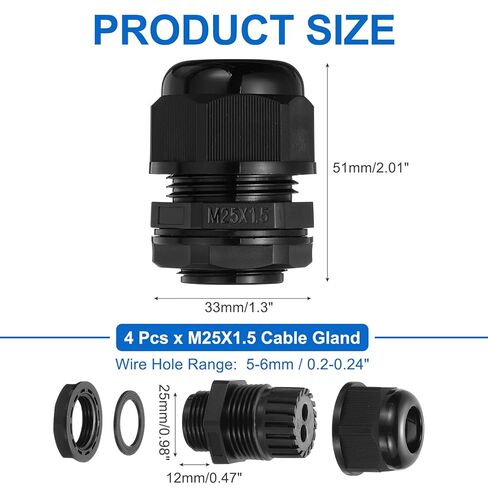 meccanixity 4 pcs m25 cable gland ، 5-6mm 2 wire roles مفصل نايلون مقاوم للماء لتثبيت الكابلات ، الأسلاك ، إصلاح ، استبدال الغدة ، الأجهزة الكهربائية ، الأسود in Kuwait