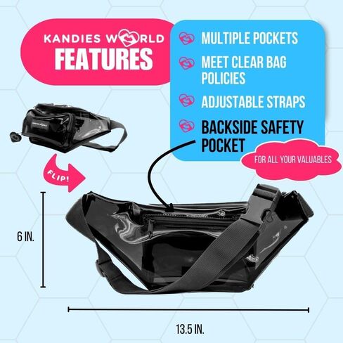 Kandies World Clear Fanny Pack – Stylish Transparent Waist Bag in Purple – Festival & Stadium Approved – Adjustable Strap & Secure Pockets (Black) in Saudi Arabia