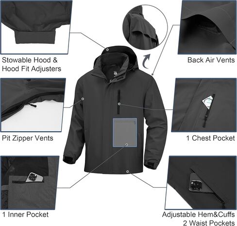 Breathable Rain Jacket Men's Waterproof Raincoat Lightweight Packable Windbreaker with hood in Kuwait