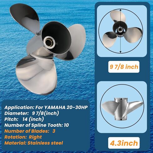9 7/8×10 1/2p, 9 7/8×12p, 9 7/8×13p, 9 7/8×14p Boat Propeller for Yamaha Engines Upgrade Stainless Steel Outboard Motors 20HP 25HP 30HP ，RH 10 Tooth OEM 664-45954-00-EL in Kuwait
