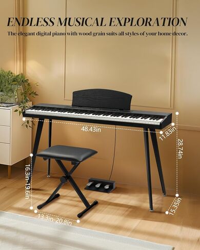 Ktaxon 88 Key Keyboard Piano Set, Full Size Digital Piano with Multi-Adjustable Height Bench, Powerful Functional Panel, Professional 3 Pedal Unit and Dual Mode Connectivity for Beginner(Black) in Saudi Arabia
