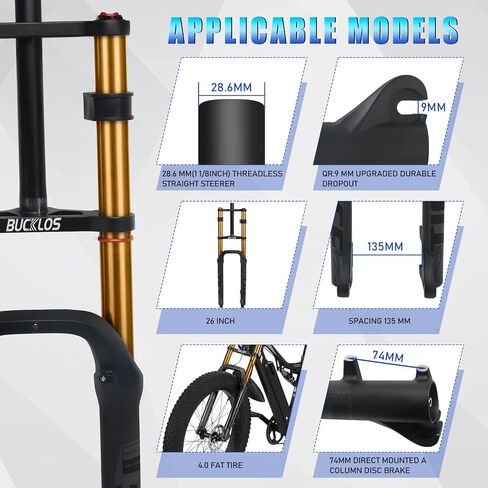 BUCKLOS 26 inch 4.0 Fat Tire Electric Bike Air Suspension Fork, 180mm Travel Spacing Hub 135mm 1 1/8 Straight Tube MTB Manual Lockout 9mm QR Mountain Bike Double Shoulder Ebike Front Forks in Kuwait