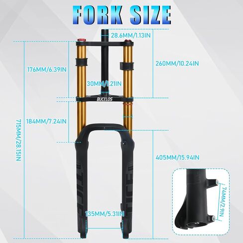 BUCKLOS 26 inch 4.0 Fat Tire Electric Bike Air Suspension Fork, 180mm Travel Spacing Hub 135mm 1 1/8 Straight Tube MTB Manual Lockout 9mm QR Mountain Bike Double Shoulder Ebike Front Forks in Kuwait