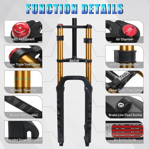 BUCKLOS 26 inch 4.0 Fat Tire Electric Bike Air Suspension Fork, 180mm Travel Spacing Hub 135mm 1 1/8 Straight Tube MTB Manual Lockout 9mm QR Mountain Bike Double Shoulder Ebike Front Forks in Kuwait
