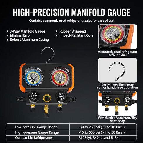 4.5 CFM AC Vacuum Pump and Gauge Set,for Mini Split/HVAC/Auto Systems,Manifold Gauge Kit fits R134a R12 R22 R410a,with Leak Detector,Core Depressor Valves,R134a Can Tap,Storage Case in Kuwait