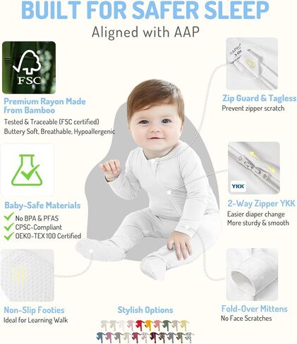 HAPIU Rayon from Bamboo Baby Pajamas Sleepers Footies, 2 Way Sturdy Zipper | Ultra Soft & Breathable for Sensitive Skin, Stretchy, with Mittens, Easy Diaper Changes, Baby Girls Boys, Newborn -24 Months in Saudi Arabia