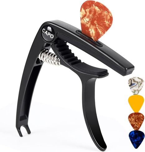 AARVI 6-String Guitar Capo for Acoustic & Electric Guitars - Universal Clamp with 4 Premium Picks - Compatible with Ukulele, Banjo, Mandolin (Black) in Kuwait