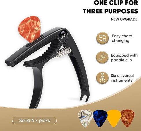 AARVI 6-String Guitar Capo for Acoustic & Electric Guitars - Universal Clamp with 4 Premium Picks - Compatible with Ukulele, Banjo, Mandolin (Black) in Kuwait