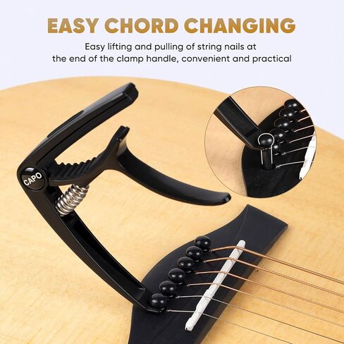 AARVI 6-String Guitar Capo for Acoustic & Electric Guitars - Universal Clamp with 4 Premium Picks - Compatible with Ukulele, Banjo, Mandolin (Black) in Kuwait