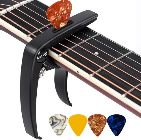 AARVI 6-String Guitar Capo for Acoustic & Electric Guitars - Universal Clamp with 4 Premium Picks - Compatible with Ukulele, Banjo, Mandolin (Black) in Kuwait