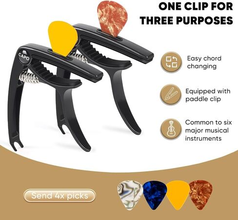 AARVI 6-String Guitar Capo for Acoustic & Electric Guitars - Universal Clamp with 4 Premium Picks - Compatible with Ukulele, Banjo, Mandolin (Black) in Kuwait