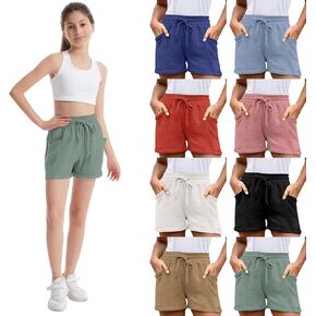 Girls Tie Front Linen Shorts with Pockets Casual Cotton Elastic Waist Shorts with Drawstring Trendy Summer Beach in Kuwait