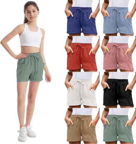 Girls Tie Front Linen Shorts with Pockets Casual Cotton Elastic Waist Shorts with Drawstring Trendy Summer Beach in Saudi Arabia