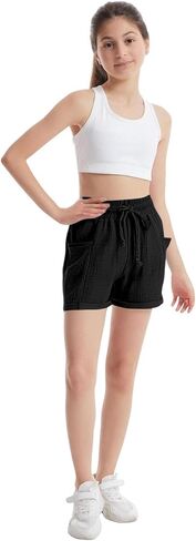 Girls Tie Front Linen Shorts with Pockets Casual Cotton Elastic Waist Shorts with Drawstring Trendy Summer Beach in Saudi Arabia