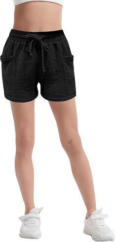 Girls Tie Front Linen Shorts with Pockets Casual Cotton Elastic Waist Shorts with Drawstring Trendy Summer Beach in Saudi Arabia