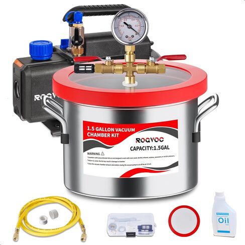 طقم غرفة فراغ 5 جالون مع 5 CFM مضخة فراغ ، غرفة degassing الفولاذ المقاوم للصدأ مع غطاء الأكريليك ، خرطوم ، للراتنج ، السيليكون ، الإيبوكسي والخشب. in Kuwait