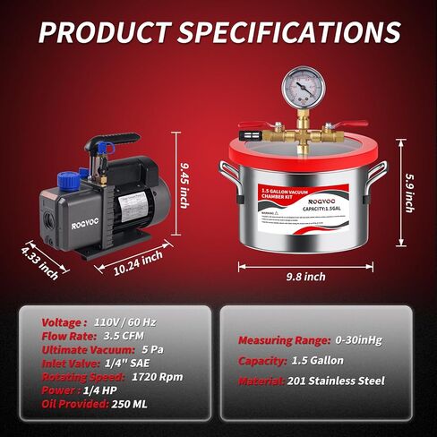 طقم غرفة فراغ 5 جالون مع 5 CFM مضخة فراغ ، غرفة degassing الفولاذ المقاوم للصدأ مع غطاء الأكريليك ، خرطوم ، للراتنج ، السيليكون ، الإيبوكسي والخشب. in Kuwait
