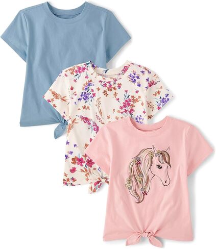 The Children's Place,Girls,Short Sleeve Tie Front Top,Tie Dye/Icons/Pink 3-Pack,X-Small in Saudi Arabia