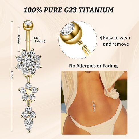 1PC 14G Belly Button Rings G23 Titanium Dangle Belly Piercing Navel Rings CZ Curved Barbell Internally Threaded Dangling Belly Jewelry for Women in Saudi Arabia