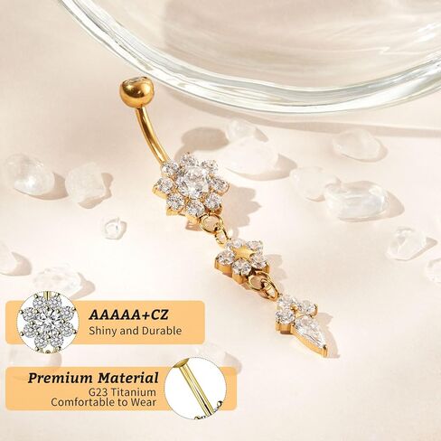 1PC 14G Belly Button Rings G23 Titanium Dangle Belly Piercing Navel Rings CZ Curved Barbell Internally Threaded Dangling Belly Jewelry for Women in Saudi Arabia
