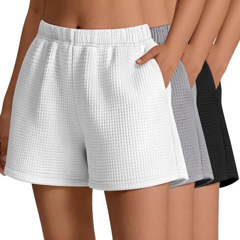 Ficerd 3 Pack Women's Sweat Shorts Waffle Knit Elastic High Waisted Lounge Summer Casual Comfy Outfit with Pockets in Saudi Arabia