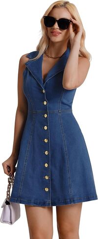 Denim Dress for Women, Button Down Sleeveless Jean Dress A-line Casual Denim Mini Dress in Saudi Arabia