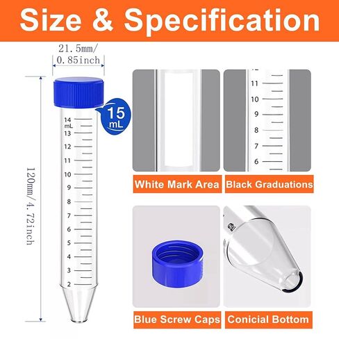 أنابيب الطرد المركزي المخروطي 15ML ، 25 ٪/حزمة أنبوب اختبار بلاستيكي معقم ، أغطية برغي زرقاء ، حاوية بولي بروبيلين ، خط متدرج أسود ، علامات منطقة الكتابة البيضاء ، غير الذروة ، dnase/rnase in Kuwait