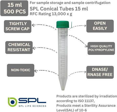 SPL 15 ml Conical Centrifuge Tube,PP/HDPE, Sterile,Non - pyrogenic, Non - cytotoxic, DNase/RNase - Free, (Case of 500) in Saudi Arabia