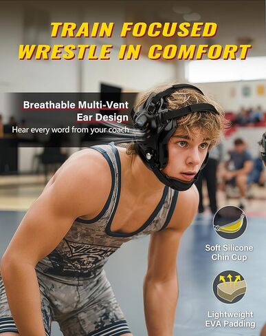 Wrestling Headgear, Head Gear for Men and Youth with Chin Cup, Dual-Layer Ear Guard for MMA, BJJ (for Users Age 10+) in Kuwait