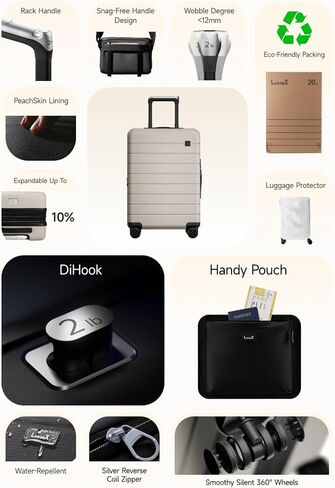 LUGGEX Carry On Luggage with Spinner Wheels - 20 inch Hardshell Suitcases - Accelerate Access with DiHook, Handy Pouch, TSA lock, Black in Saudi Arabia