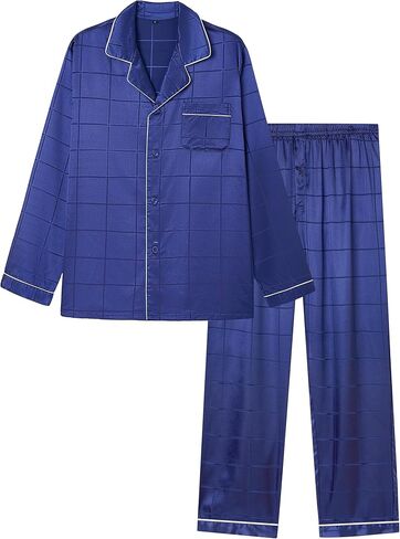 jupitersecret mens حرير الساتان بيجاما مجموعة طويلة الأكمام الزر أسفل PJS مجموعة 2 قطعت ملابس النوم مع جيوب in Kuwait