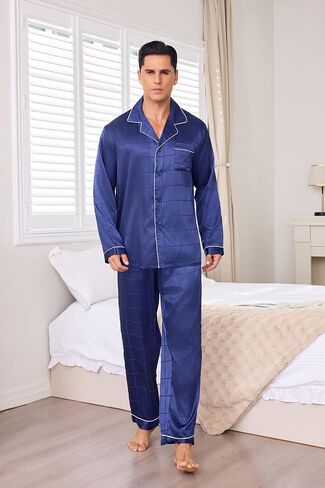jupitersecret mens حرير الساتان بيجاما مجموعة طويلة الأكمام الزر أسفل PJS مجموعة 2 قطعت ملابس النوم مع جيوب in Kuwait