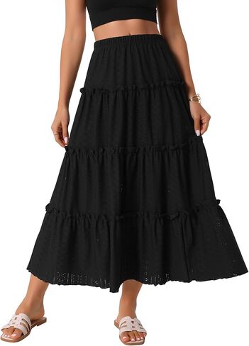 Seta T Women's Eyelet Skirts Elastic Waist Tiered A Line Maxi Skirt Ruffle Boho Long Summer Casual Skirt in Saudi Arabia