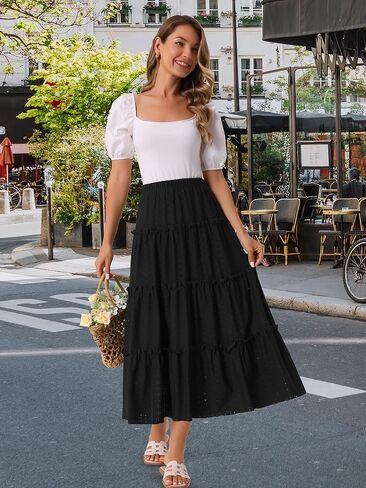 Seta T Women's Eyelet Skirts Elastic Waist Tiered A Line Maxi Skirt Ruffle Boho Long Summer Casual Skirt in Saudi Arabia