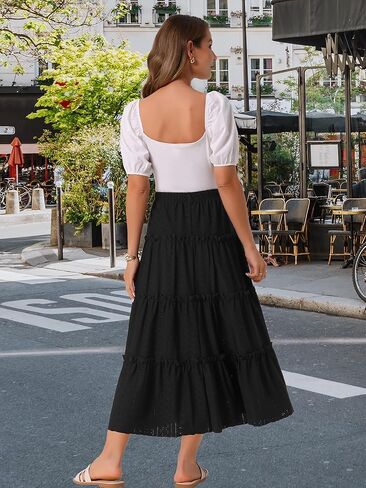 Seta T Women's Eyelet Skirts Elastic Waist Tiered A Line Maxi Skirt Ruffle Boho Long Summer Casual Skirt in Saudi Arabia