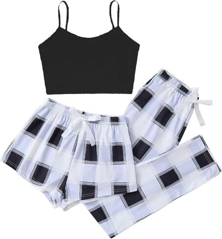 Milumia Women's 3 Pieces Pajamas Cami Top and Plaid Shorts Pants Pj Sets Sleepwear in Saudi Arabia
