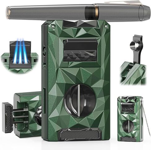 5-in-1 Torch Lighter, with V-Cutter, Triple Jet Flames, Holder, Punch, Draw Enhancer Tool, Multifunctional Accessories, Gifts for Men, Windproof Refillable Butane Lighter for Travel, Candles, Outdoors in Saudi Arabia