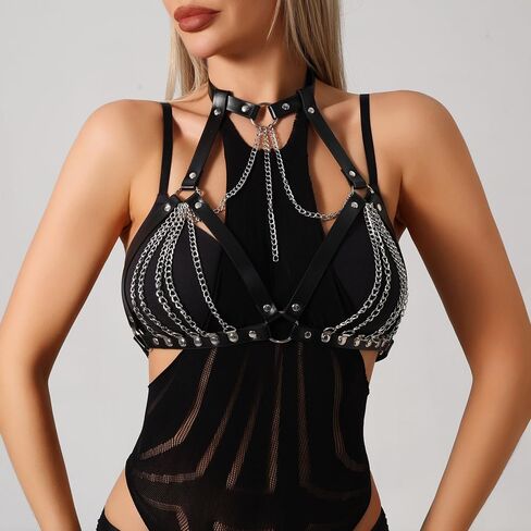 Gothic Bra Fashion Harness,Punk Leather Harness Strap for Ladies Body Chain Chest Chain Chest Straps Layered Chest Chain Bra Cagestyle Shoulder Strap,Adjustable Jewelry Accessory in Saudi Arabia