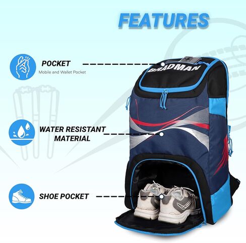 Whackk Bradman Cricket Kitbag للشباب | Player Edition 2 Bat Pocket Shoe Pocket | شركات كبيرة كبيرة تناسب 15.5 بوصة وسادة الساق | in Saudi Arabia