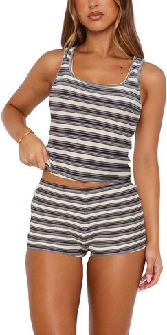 Hafailia Shorts Set Women 2 Piece Outfits - Stripe Casual Y2K Two Pc Sleeveless Tank Crop Tops and Skinny Booty Shorts Sets in Saudi Arabia