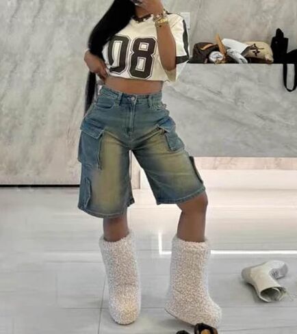 Famnbro Womens Cargo Jean Shorts High Waisted Straight Leg Summer Denim Shorts Jorts with Pockets in Saudi Arabia