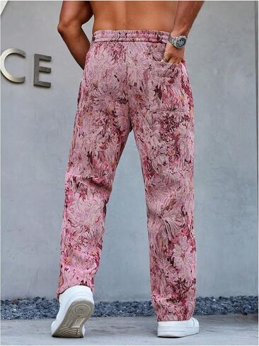 Men's Floral Pants Vintage Boho Pant Hippie Drawstring Waist Vacation Straight Leg Trousers with Pockets Streetwear in Saudi Arabia